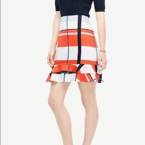 ANN TAYLOR Orange White Black Plaid Ruffle Peplum Straight Pencil Skirt Size 0